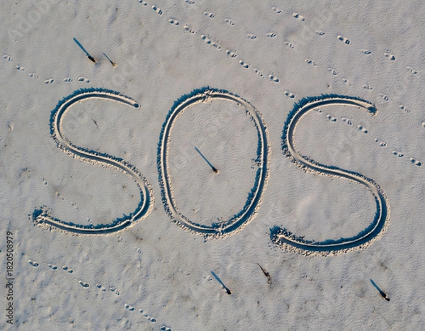 Obraz giant ‘SOS’ traced in sand on beach, top-down drone view, lone footprints nearby