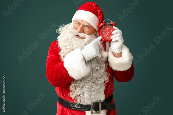 Fototapeta Santa Claus pointing at alarm clock on green background