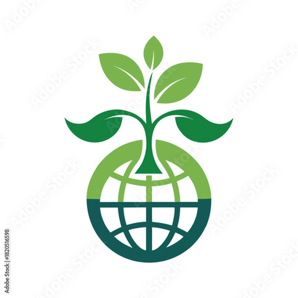 Fototapeta Stylized globe with green sprout and leaves on white background Keywords: globe, earth, planet, sprout, plant, growth, leaves, green, nature