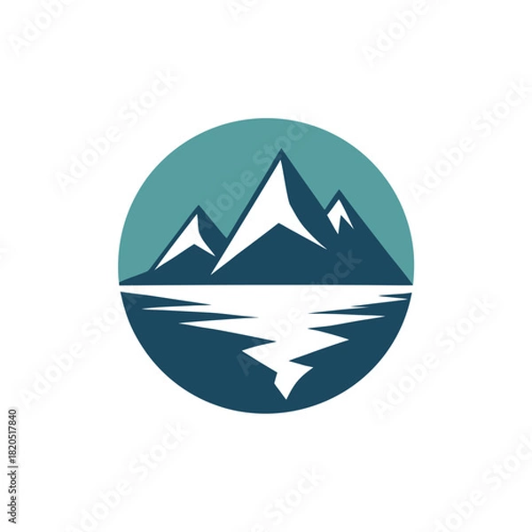 Fototapeta Stylized mountain range reflected in water within a teal circle logo mountains reflection