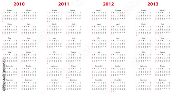 Obraz calendar for 2010 through 2013