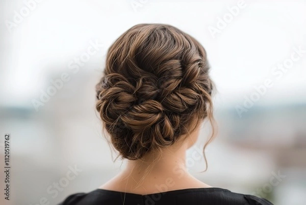Obraz Sophisticated updo with braid details in natural outdoor light, ideal for weddings and formal events, highlighting intricate hair texture and elegant styling for special occasions.