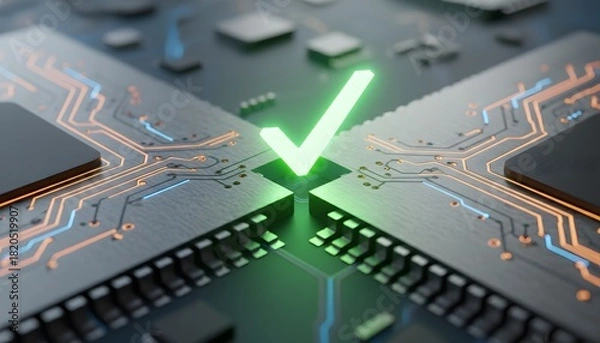 Obraz Glowing green checkmark symbol indicating success or validation on a futuristic microchip circuit board with glowing orange lines