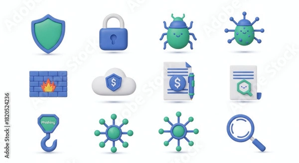 Fototapeta Comprehensive 3D Icon Set for Cybersecurity, Data Protection, Digital Threats, and Online Safety Concepts