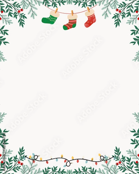 Fototapeta Christmas and Happy New Year Greeting Card Illustration with White Background, Classic Christmas Tree Branch Frames, Gifts & Festive Holiday Elements, Ideal for Cards, Posters, Seasonal, Social Media.