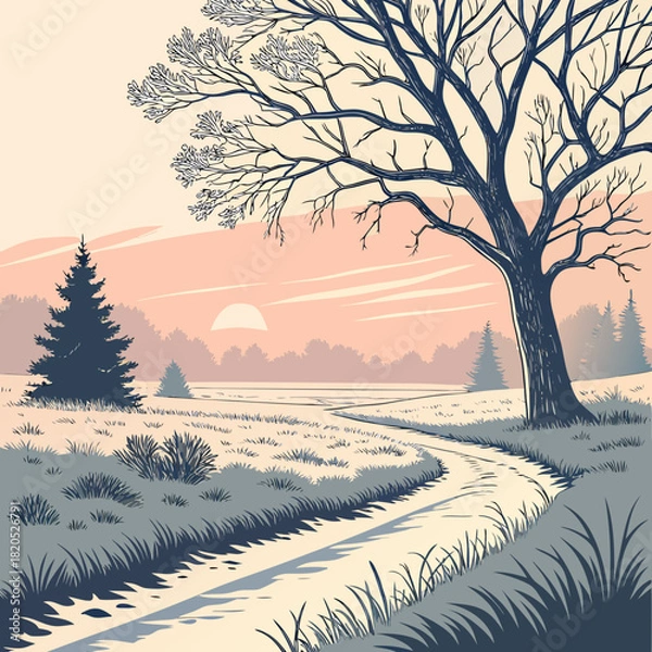 Obraz Stylized landscape with a winding path and bare tree at sunset