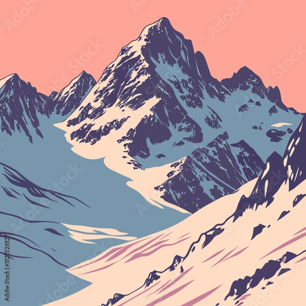 Obraz Stylized mountain landscape with snow and pink sky