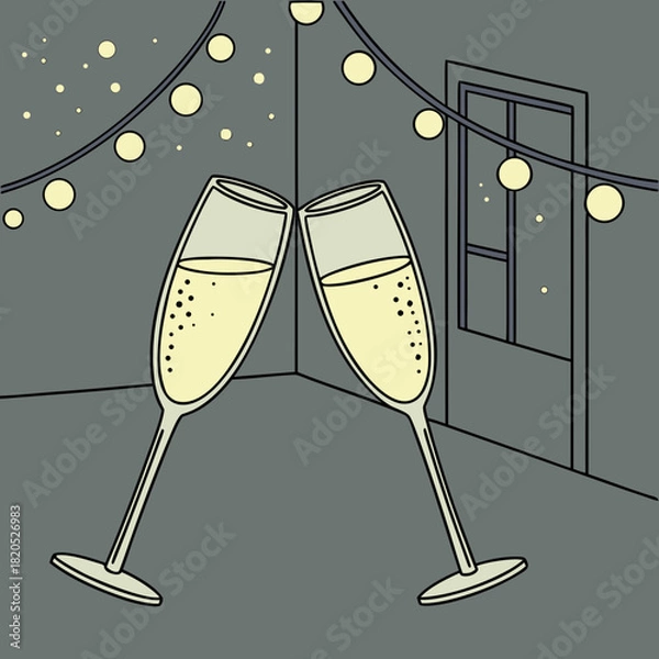 Obraz Two champagne glasses clinking together with string lights overhead