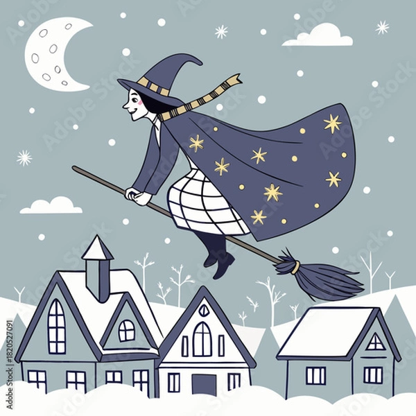 Obraz Whimsical witch flying on broomstick over snowy village under crescent moon