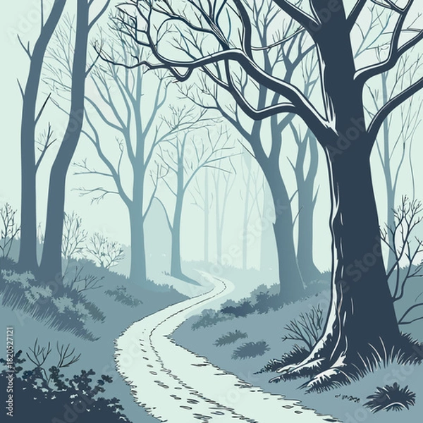 Obraz Winding path through a misty winter forest with bare trees