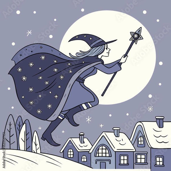 Obraz Whimsical witch flying over snowy village under a full moon