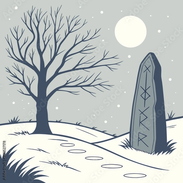 Obraz Winter landscape with bare tree rune stone and moonlit snow