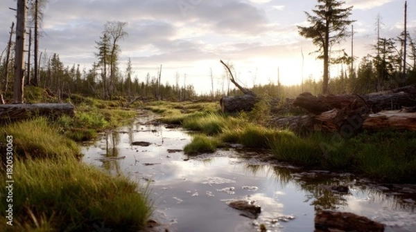 Fototapeta Serene Landscape of Lush Greenery and Reflections in a Calm Stream During Sunset in a Natural Forest Setting