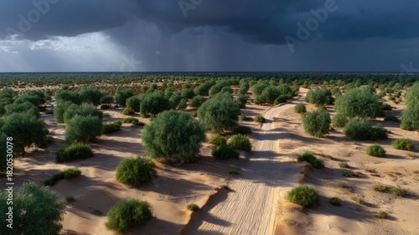 Fototapeta Lush Oasis Surrounded by Vast Desert Landscape with Stormy Skies Above