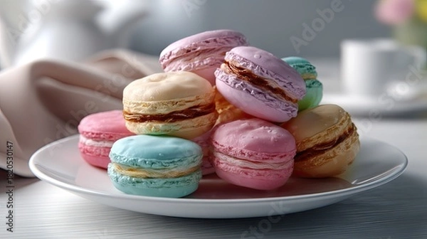 Fototapeta Colorful French Macarons Decoratively Arranged on a White Plate with Soft Natural Lighting