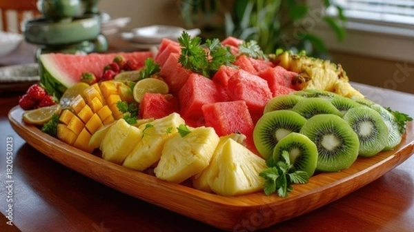 Fototapeta Vibrant and Fresh Fruit Platter with Watermelon, Pineapple, Mango, Kiwi, and Berries in Natural Light Setting