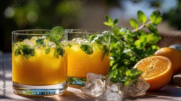 Fototapeta Refreshing Orange Cocktail with Mint and Ice Garnish Captured in Bright Natural Light for Summer Vibes