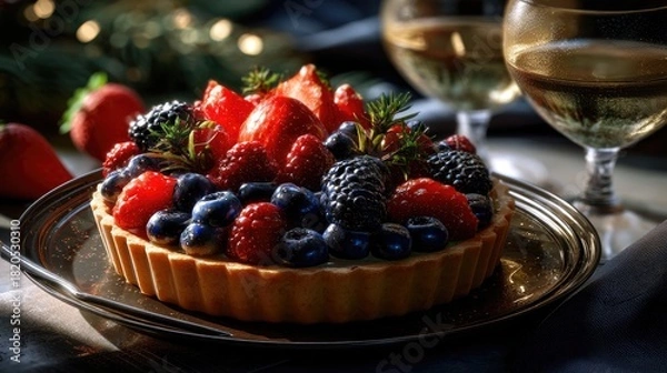 Fototapeta Delicious Fruit Tart Garnished with Fresh Berries and Served with Wine in a Cozy Setting