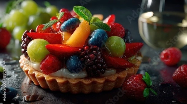Fototapeta Colorful Fruit Tart with Fresh Berries and Cream on Dark Table with Wine Glass in Background