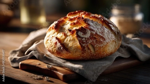 Fototapeta Freshly Baked Artisan Bread on Wooden Cutting Board with Rustic Cloth and Natural Lighting