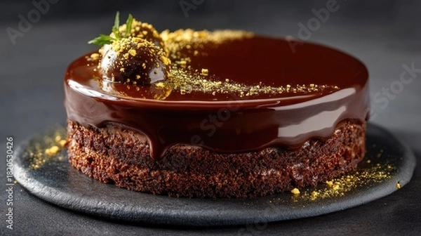 Fototapeta Elegant Chocolate Cake with Glossy Ganache and Decorative Toppings on Slate Plate for Food Photography and Culinary Delight