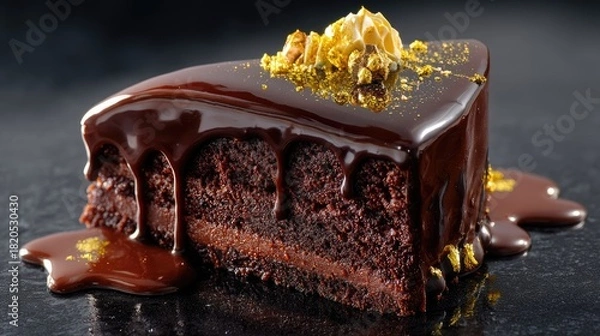 Fototapeta Decadent Chocolate Cake Slices with Glossy Ganache and Toppings on Dark Surface