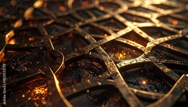 Fototapeta Golden Geometric Pattern with Glowing Sparks and Ornate Metalwork