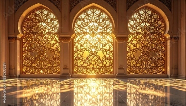 Fototapeta Ornate Arched Windows with Golden Light in Elegant Interior Architecture