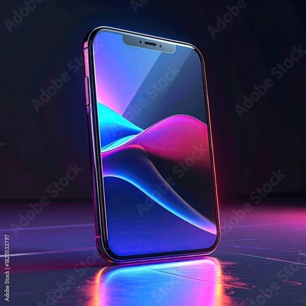 Fototapeta Sleek phone reflects neon waves on a glossy surface