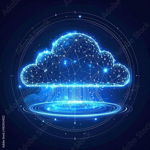 Obraz Glowing blue cloud connected by lines, circles, light