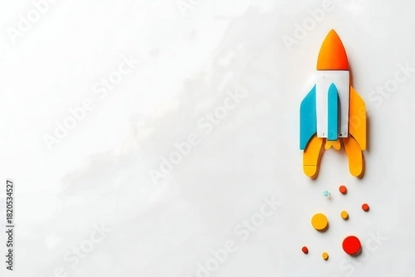 Obraz Paper Rocket Ship Launch on White Background - Creative Space Concept