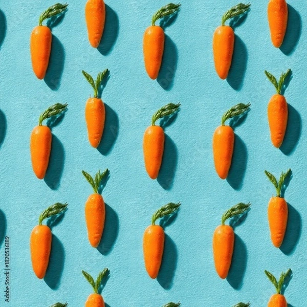 Fototapeta A vibrant pattern of miniature carrots, arranged in a grid on a bright blue surface, casting shadows