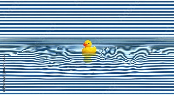 Fototapeta A yellow rubber duck floats in water, with distorted stripes in a blue-and-white pattern