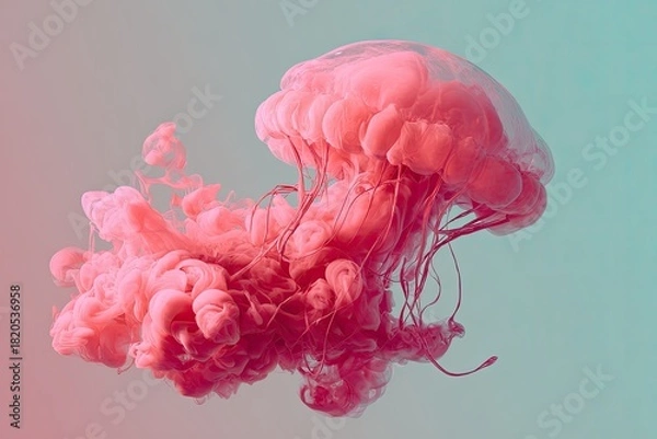 Obraz Abstract shot of pink ink spreading resembling a jellyfish against a gradient turquoise background