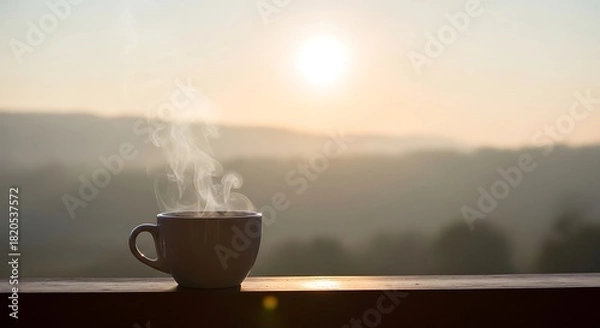 Fototapeta Morning coffee with steam against a hazy sunrise landscape view