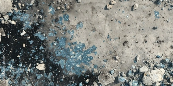 Fototapeta Aerial view of weathered concrete surface with blue patches, cracks, and fragmented rock fragments