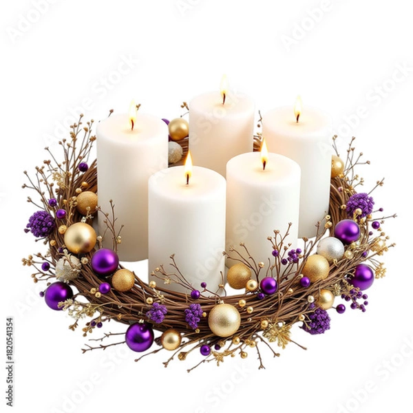 Obraz Five white pillar candles lit and arranged in festive wreath with purple and gold ornaments on white background