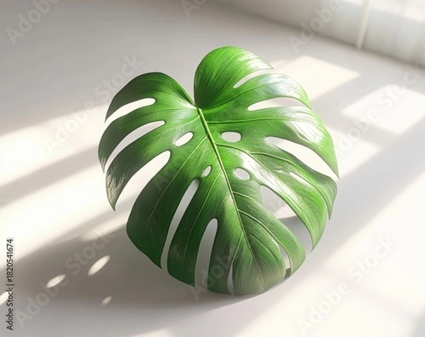Obraz Bright monstera leaf on surface, light and shadow play