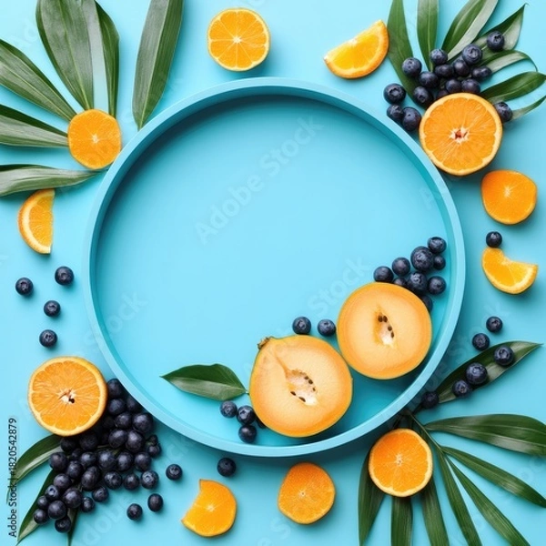 Obraz Fruit frame oranges, berries, leaves around blue circle