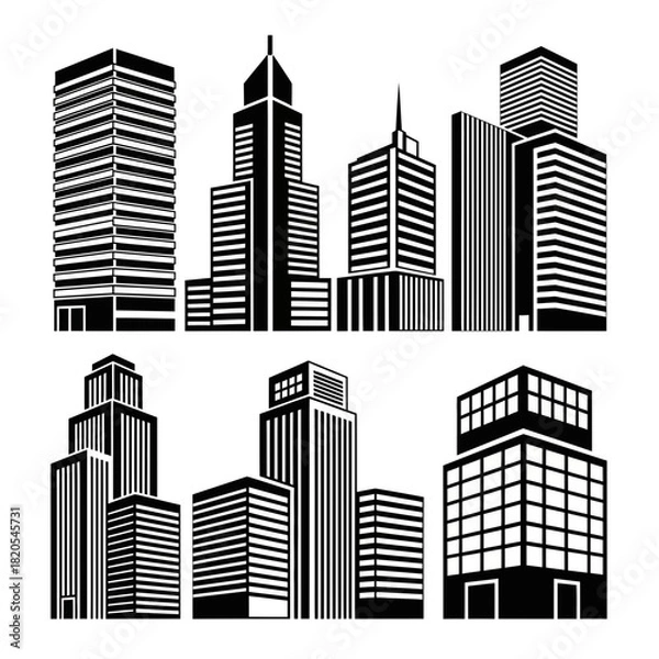 Fototapeta Collection of black and white stylized skyscraper and building icons for urban architecture design vector illustration