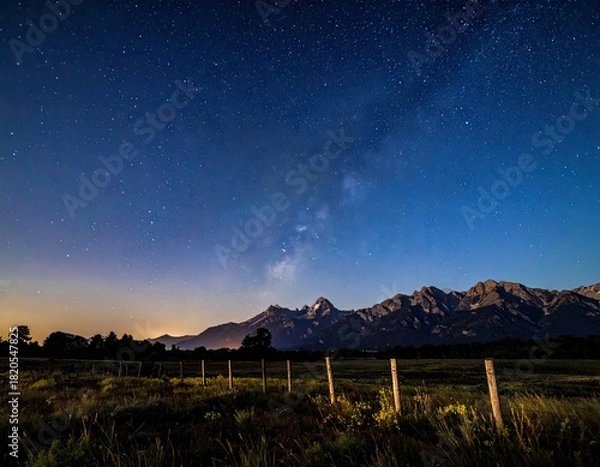 Obraz Mountain range below dark, starry night sky
