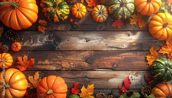Obraz Pumpkins, leaves frame rustic wood. Autumnal, warm