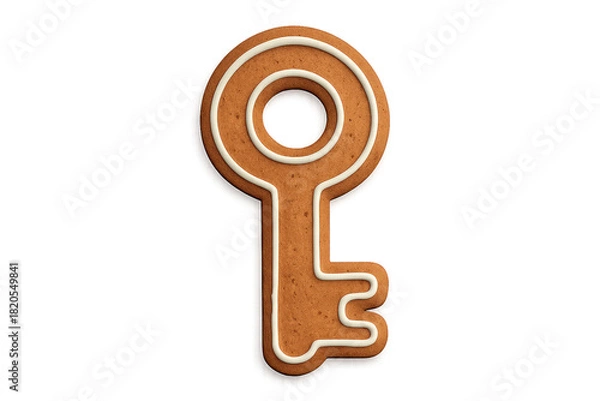 Fototapeta A key shaped gingerbread cookie decorated with white royal icing piping creates a festive symbol for holiday access, home security, and unlocking Christmas secrets