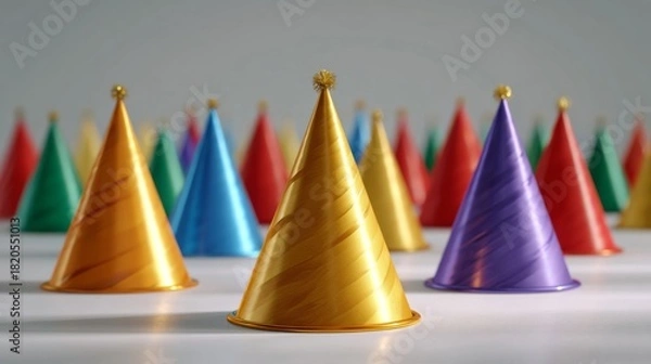 Fototapeta a set of colorful New Year party hats arranged on a bright white surface, glossy reflections