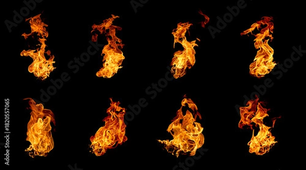 Fototapeta Collection of realistic fire flames isolated on black background, perfect for digital art, design and visual effects. Ideal for explosion scenes burning energy visuals or cinematic action compositions