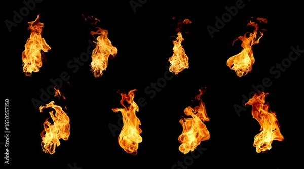 Fototapeta Collection of realistic fire flames isolated on black background, perfect for digital art, design and visual effects. Ideal for explosion scenes burning energy visuals or cinematic action compositions