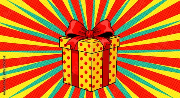 Fototapeta Gift Box with Red Bow on Pop Art Background present