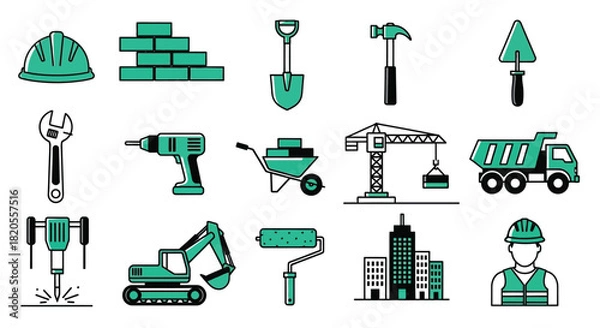 Fototapeta Construction site tools and equipment vector icon illustration
