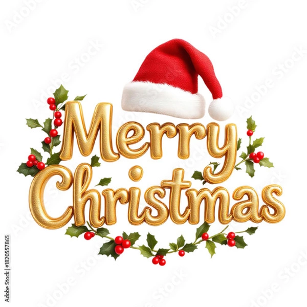 Obraz Merry Christmas message in golden text with Santa hat and festive holly leaves and berries on white background