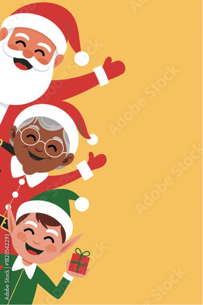 Fototapeta Santa Claus, black Mrs. Claus, and elf waving with gift picking from border on yellow background